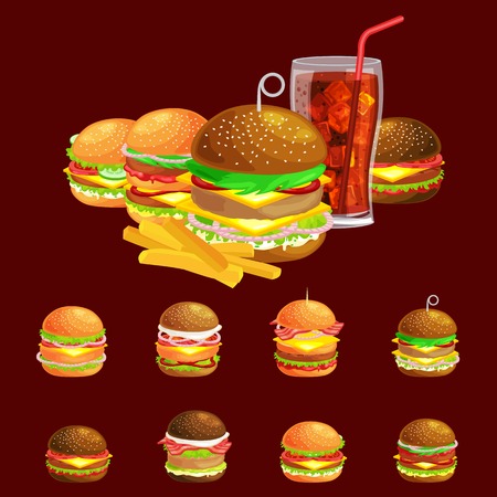 Set of tasty burgers grilled beef and fresh vegetables dressed with sauce bun for snack, american hamburger fast food meal French fries with cold soda brown ice drink vecor illustration backgroundのイラスト素材
