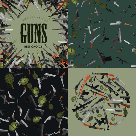 military gun set, automatic and hand weapon in magazine barrel with bullets for protection shoting or war collection, handgun for hunting equipment, ammunition background vector illustrationのイラスト素材