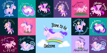 cute unicorn isolated set, magic pegasus flying with wing and horn on rainbow, fantasy horse vector illustration, myth creature dreaming on white background, greeting card template.のイラスト素材