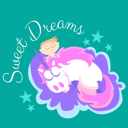 cute unicorn isolated set, magic pegasus flying with wing and horn on rainbow, fantasy horse vector illustration, myth creature dreaming on colored background, greeting card text templateのイラスト素材
