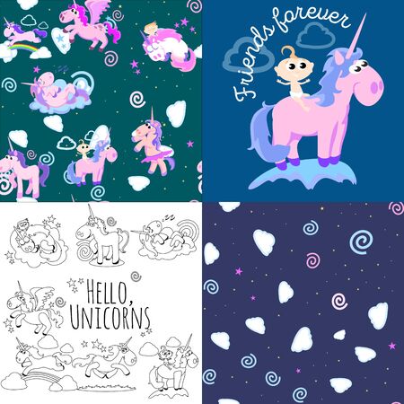 cute unicorn seamless pattern, magic pegasus flying with wing and horn on rainbow, fantasy horse vector illustration, myth creature dreaming background.のイラスト素材