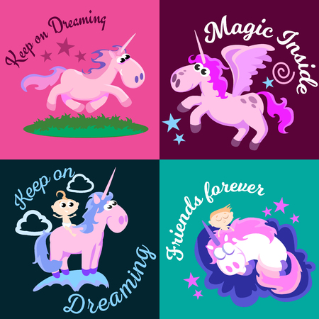 cute unicorn isolated set, magic pegasus flying with wing and horn on rainbow, fantasy horse vector illustration, myth creature dreaming on colored background, greeting card text templateのイラスト素材