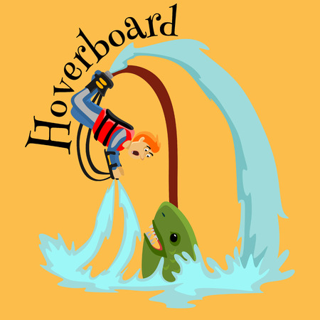 Fly board water extreme sports, isolated design element for summer vacation activity concept, cartoon wave surfing, sea beach vector illustration, active lifestyle adventure.のイラスト素材