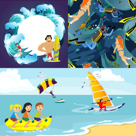Set of water extreme sports icons, isolated design elements for summer vacation activity fun concept, cartoon wave surfing, sea beach vector illustration, active lifestyle adventure.のイラスト素材