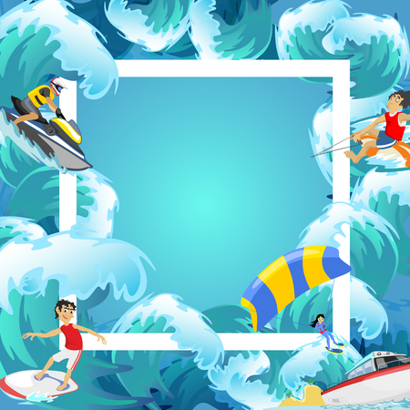 Set of water extreme sports backgrounds, isolated design elements for summer vacation activity fun concept, cartoon wave surfing, sea beach vector illustration, active lifestyle adventureのイラスト素材