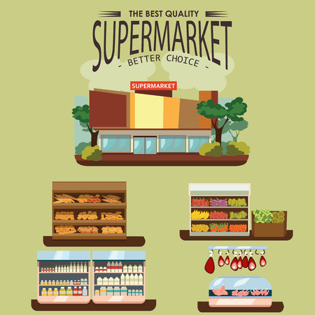 Set of supermarket departments, fruit and milk food store, grocery row with vegetable products on shelves in market, bread bakery shop interior vector illustration, meat and sausage in refrigerator.のイラスト素材