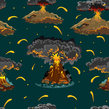 A set of volcanoes of varying degrees of eruption, a sleeping or awakening dangerous vulcan, salute from magma ashes and smoke fly out from volcano, lava flowing down the mountain vector illustrationのイラスト素材