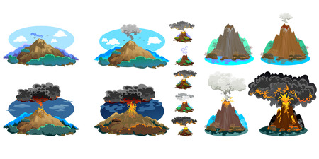 A set of volcanoes of varying degrees of eruption, a sleeping or awakening dangerous vulcan, salute from magma ashes and smoke fly out from volcano, lava flowing down the mountain vector illustrationのイラスト素材