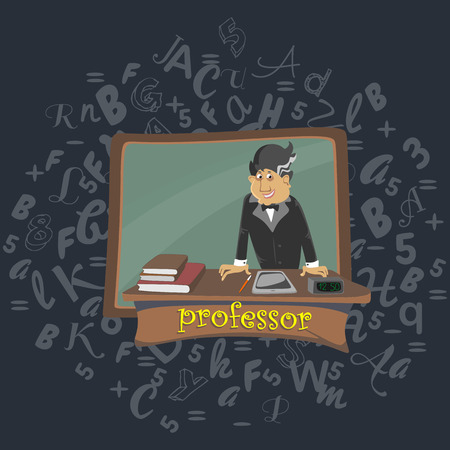 Professor near the blackboard with formulas at university lecture, teacher in class at lesson teaches students, higher education in the college, school vector illustrationのイラスト素材
