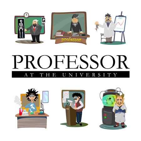 Professor near the blackboard with formulas at university lecture, teacher in class at lesson teaches students, higher education in the college, school vector illustrationのイラスト素材