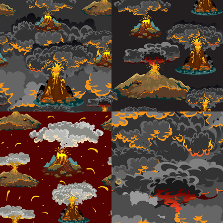 A set of volcanoes of varying degrees of eruption, a sleeping or awakening dangerous vulcan, salute from magma ashes and smoke fly out from volcano, lava flowing down the mountain vector illustrationのイラスト素材