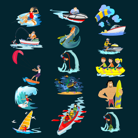 Set of water extreme sports icons, isolated design elements for summer vacation activity fun concept, cartoon wave surfing, sea beach vector illustration, active lifestyle adventureのイラスト素材