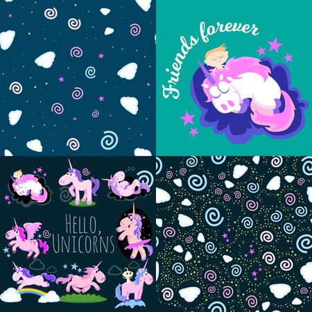 cute unicorn seamless pattern, magic pegasus flying with wing and horn on rainbow, fantasy horse vector illustration, myth creature dreaming background.のイラスト素材