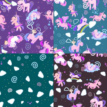cute unicorn seamless pattern, magic pegasus flying with wing and horn on rainbow, fantasy horse vector illustration, myth creature dreaming background.のイラスト素材