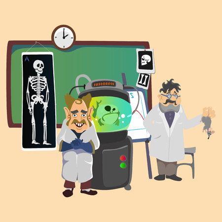 Professor near the blackboard with formulas at university lecture, teacher in class at lesson teaches students, higher education in the college, school vector illustrationのイラスト素材