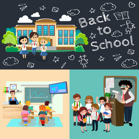 Back to school set of pictographs, childrens life newspaper and library, boys basketball girls cheerleader team, teacher with pupils at class, professor lecture college, building vector illustrationのイラスト素材