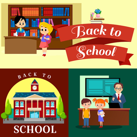 Back to school set of pictographs, childrens life newspaper and library, boys basketball girls cheerleader team, teacher with pupils at class, professor lecture college, building vector illustrationのイラスト素材