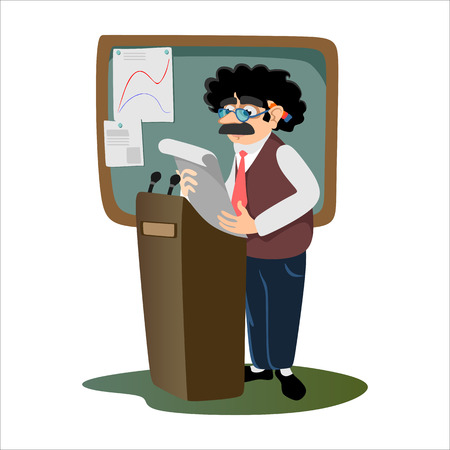 Professor near the blackboard with formulas at university lecture, teacher in class at lesson teaches students, higher education in the college, school vector illustrationのイラスト素材