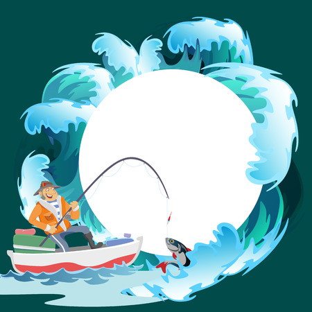 Flat fisherman hat sits on boat with trolling fishing rod in hand and catches bucket, Fishman crocheted spin into the sea waiting big fish funny vector illustration, Man active banner concept.のイラスト素材