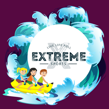 banana boat water extreme sports, isolated design element for summer vacation activity concept, cartoon wave surfing, sea beach vector illustration, active lifestyle adventureのイラスト素材
