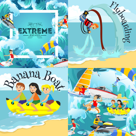Set of water extreme sports backgrounds, isolated design elements for summer vacation activity fun concept, cartoon wave surfing, sea beach vector illustration, active lifestyle adventureのイラスト素材
