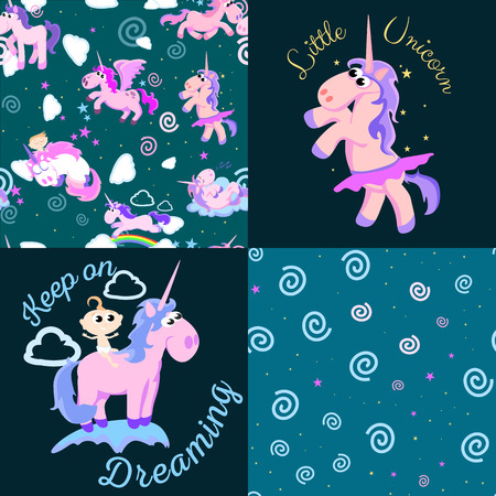 cute unicorn seamless pattern, magic pegasus flying with wing and horn on rainbow, fantasy horse vector illustration, myth creature dreaming background.のイラスト素材