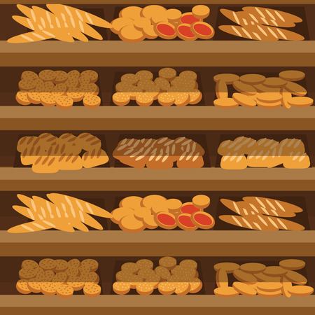 Seamless pattern bakery shelf with bread in supermarket, big choice of fresh products sale in food shop interior, store vector illustrationのイラスト素材