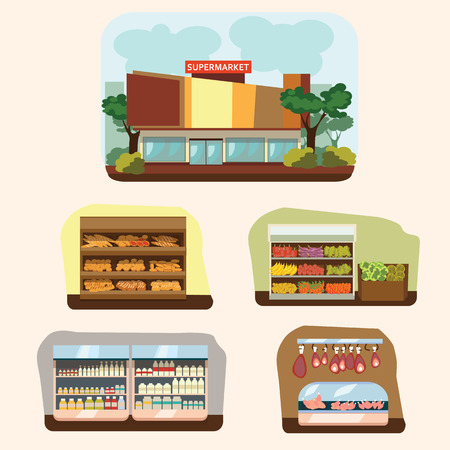 Shop building cartoon set with mini store symbols isolated vector illustrationのイラスト素材