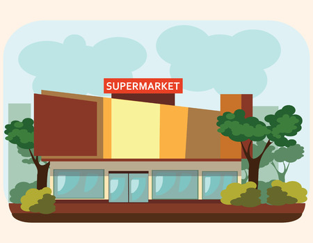supermarket building standing on the street, food and other products sale in city shop facade, urban store construction, market exterior with windows signs and doors, architecture vector illustrationのイラスト素材