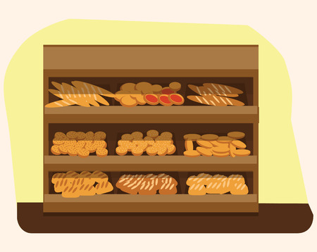 bakery shelf with bread in supermarket, big choice of fresh products sale in food shop interior, store vector illustrationのイラスト素材