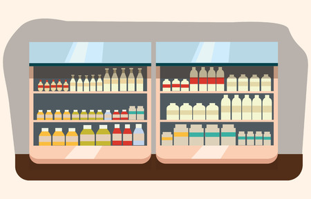 dairy department, milk shelf with fresh healthy food in supermarket, big choice of organic farm products sale in food shop interior, store with yogurt and cheese vector illustrationのイラスト素材