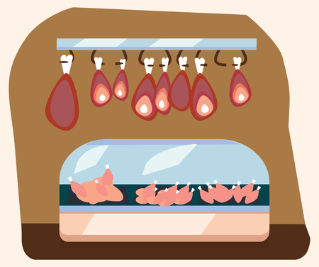 meat department, pork shelf with fresh beef and steak food in supermarket fridge, big choice of organic farm products sale in food shop interior, store with sausage vector illustrationのイラスト素材