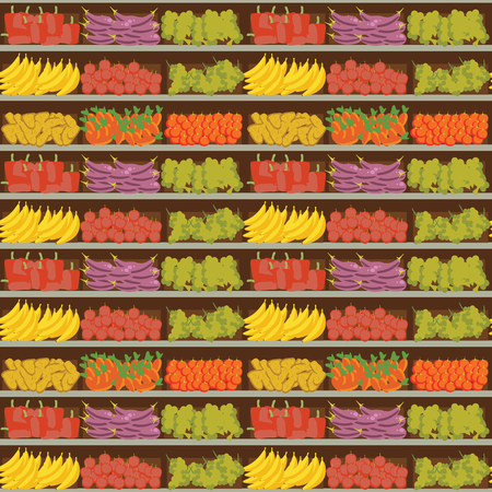 fruit and vegetables shelf with fresh healthy food in supermarket, big choice of organic products sale in food shop interior, store vector illustrationのイラスト素材