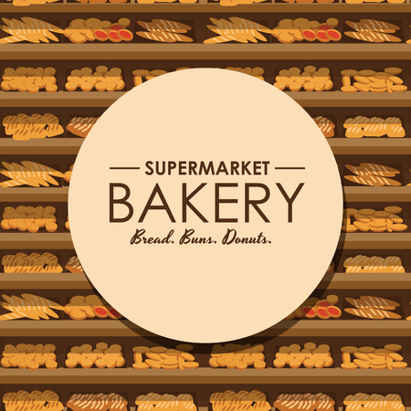 bakery shelf with bread in supermarket, big choice of fresh products sale in food shop interior, store vector illustrationのイラスト素材