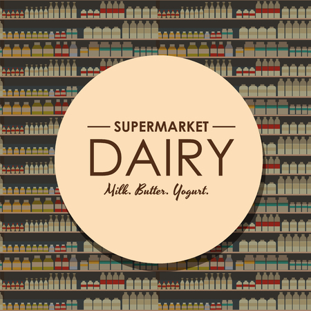 dairy department, milk shelf with fresh healthy food in supermarket, big choice of organic farm products sale in food shop interior, store with yogurt and cheese vector illustrationのイラスト素材