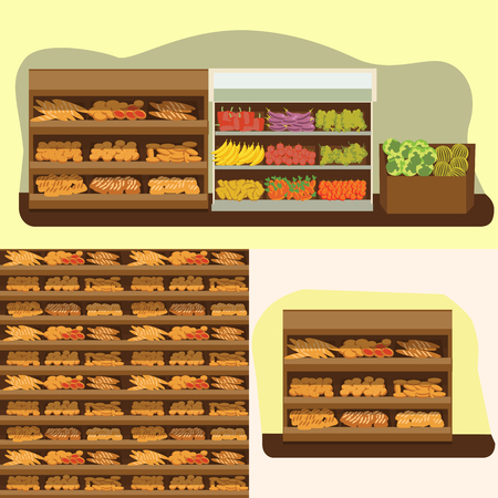 bakery shelf with bread in supermarket, big choice of fresh products sale in food shop interior, store vector illustrationのイラスト素材