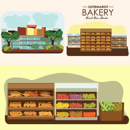 set of supermarket departments, fruit food store, grocery row with vegetable products on shelfs in market, bread bakery shop interior vector illustrationのイラスト素材