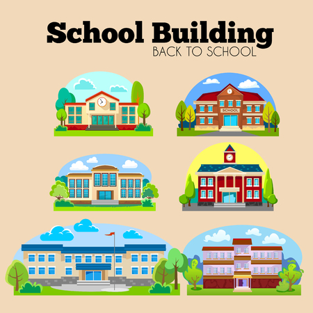 modern school buildings exterior, student city concept, elementary school facade urban street background, icons set vector illustrationのイラスト素材