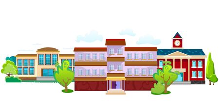 modern school buildings exterior, student city concept, elementary school facade urban street background, icon vector illustrationのイラスト素材