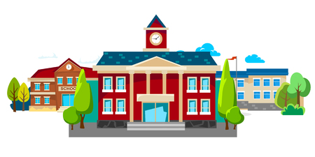 modern school buildings exterior, student city concept, elementary school facade urban street background, icon vector illustrationのイラスト素材