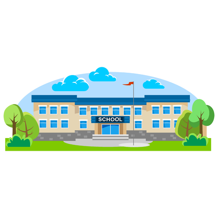 modern school buildings exterior, student city concept, elementary school facade urban street background, icon vector illustrationのイラスト素材
