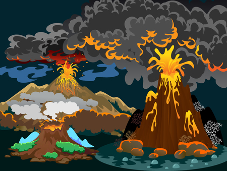 A set of volcanoes of varying degrees of eruption, a sleeping or awakening dangerous vulcan, salute from magma ashes and smoke fly out from volcano, lava flowing down the mountain vector illustrationのイラスト素材