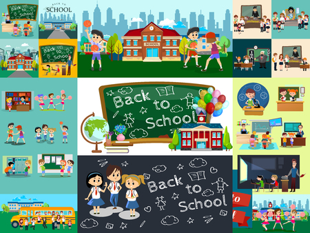Back to school set of pictographs, childrens life newspaper and library, boys playing basketball girls cheerleader team, teacher with pupils at class, professor lecture in college, building vector illustrationのイラスト素材