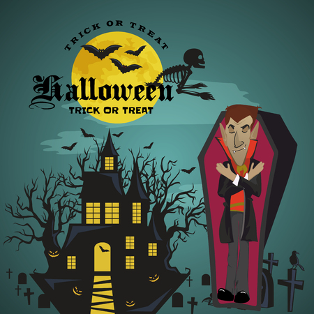 Halloween backgrounds with a vampire and their castle under the full moon and cemetery. Dracula with fangs teeth, monster in a coffin flat vector illustrationsのイラスト素材