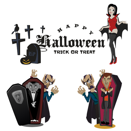 Halloween vampire in coffin and cloak flat vector illustrationsのイラスト素材