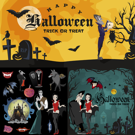 Halloween backgrounds set with vampire and their castle under full moon and cemetery flat vector illustrationsのイラスト素材