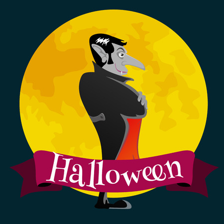 Halloween card with vampire on the full moon and cloak flat vector illustrationsのイラスト素材