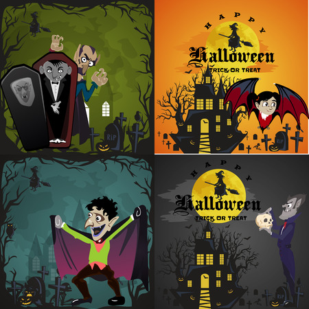 Halloween backgrounds set with vampire and their castle under full moon and cemetery, Draculas monster in coffin flat vector illustrationsのイラスト素材