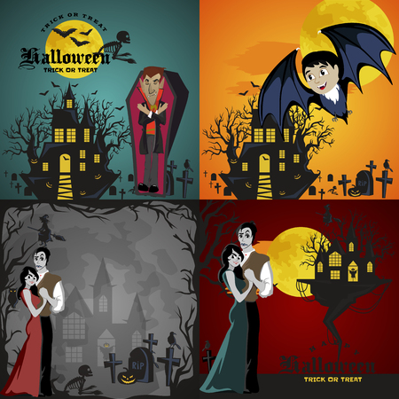 Halloween backgrounds set with vampire and their castle under full moon and cemetery, Draculas monster in coffin flat vector illustrationsのイラスト素材