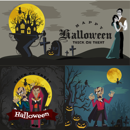 Halloween backgrounds sat with vampire and their castle under the full moon and cemetery, Dracula with fangs teeth, monster in a coffin flat vector illustrations, good for Halloween party invitation or flyer, greeting card, trick or treat decorationのイラスト素材